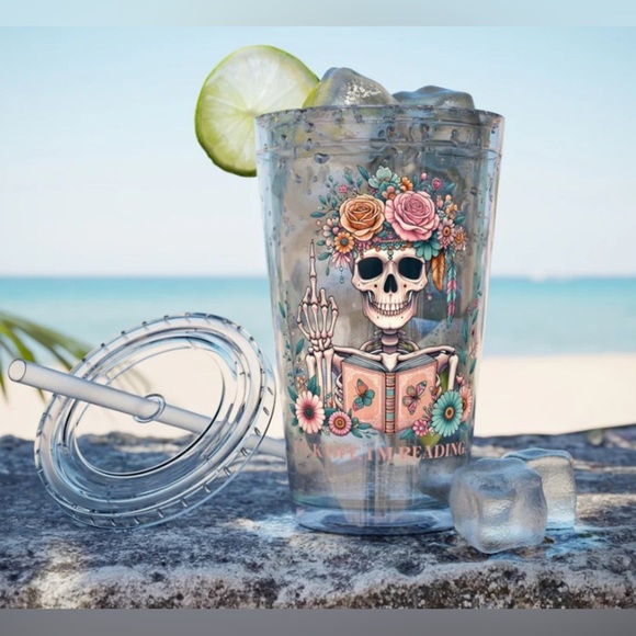 Floral Skull Design “F*ck Off I’m Reading” Tumbler with Straw - Picture 3 of 4